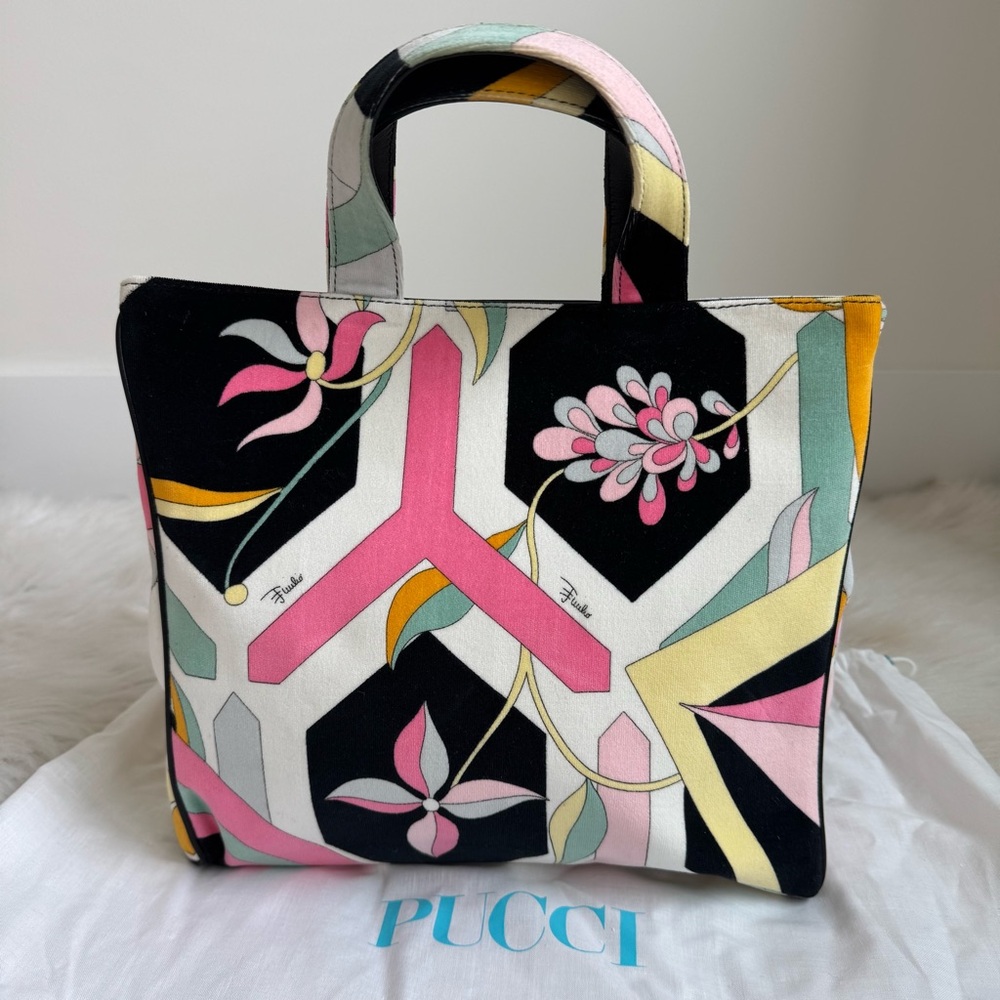 Emilio Pucci Black Pink Yellow Green Floral Print Canvas Tote - Picture 4 of 12